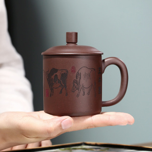 宜兴紫砂杯小容量功夫茶s小杯带把纯手工五牛图杯子小号个人主人