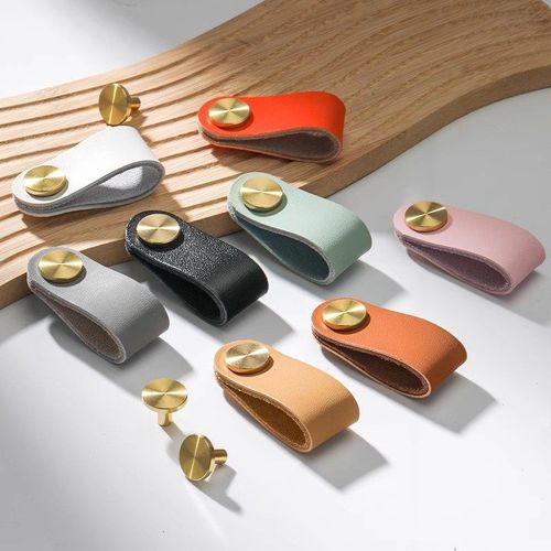 高级柜门把手门把手打孔耐用整体橱柜门彩色黄铜皮橱门皮扣子皮革