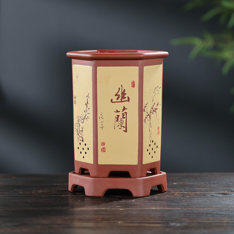 宜兴紫砂花盆精品六方兰花盆绿植高档透气六角盆古典室内桌面带托