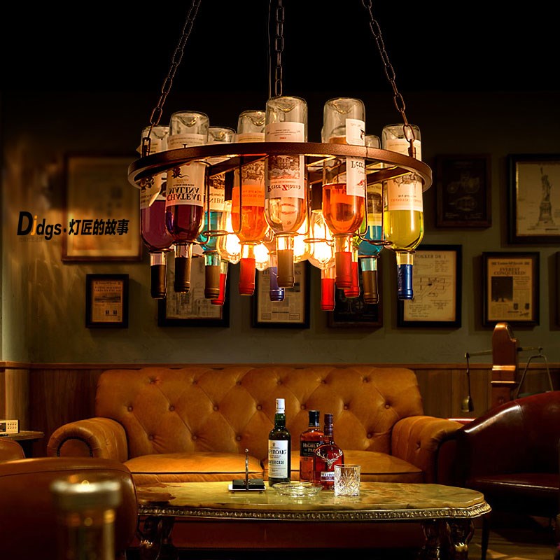 火锅店餐厅酒吧清吧氛围装饰创意个性复古工业风吧台玻璃酒瓶吊灯