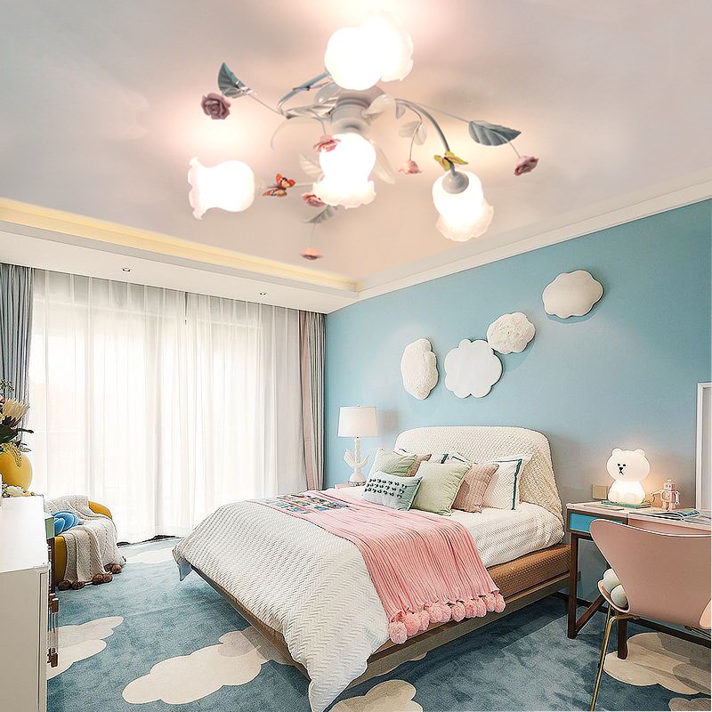 蓝色地中海女孩房吸顶灯浪漫田园儿童卧室灯具精致铁艺玫瑰花灯饰