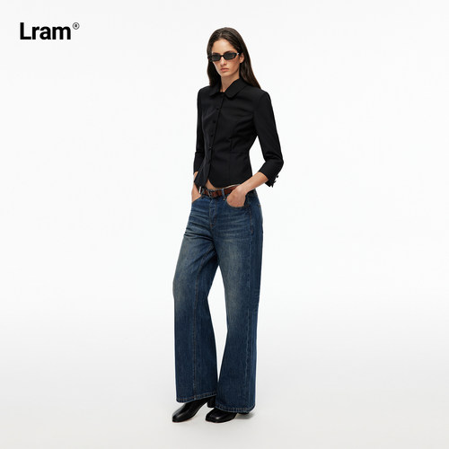 LRAM “巴黎牛”慵懒风做旧水洗蓝复古牛仔阔腿裤LRAM25Q0020