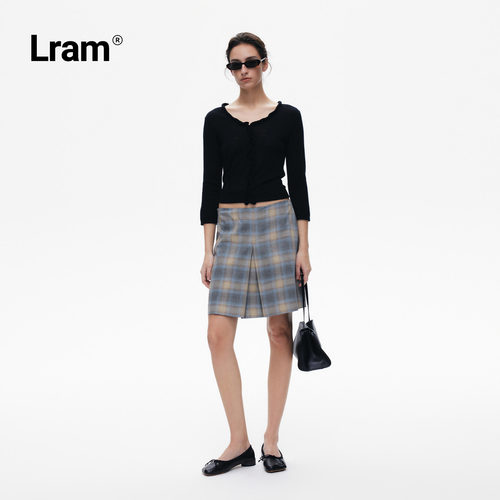 LRAM 日本进口色织复古蓝咖撞色格纹微A半身裙LM2630134