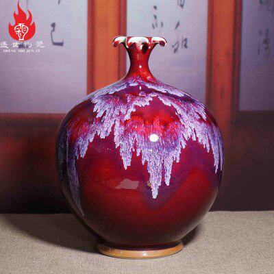 禹州钧瓷花瓶中式家居客厅装饰陶瓷器创意摆件钧窑变红色花釉石榴
