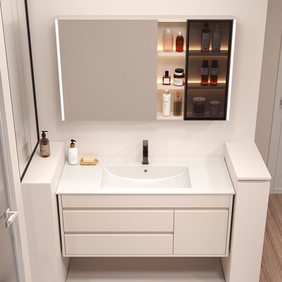 奶油风轻奢浴室柜定制73/83/93cm103厘米113公分陶瓷一体盆洗手池