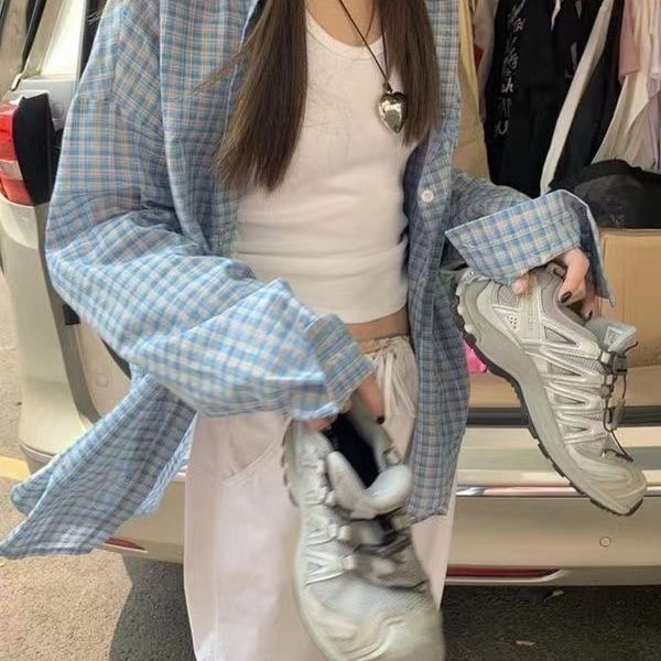 韩系蓝色格子防晒长袖衬衫