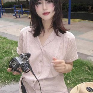 欢简韵法式粉色条纹短袖衬衫夏季vintage古巴领衬衣外套高级上衣