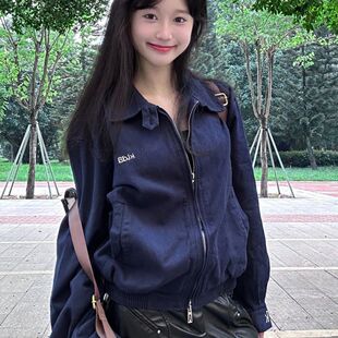 欢简韵韩系复古短款棒球服外套女春秋新款小个子宽松工装夹克ins