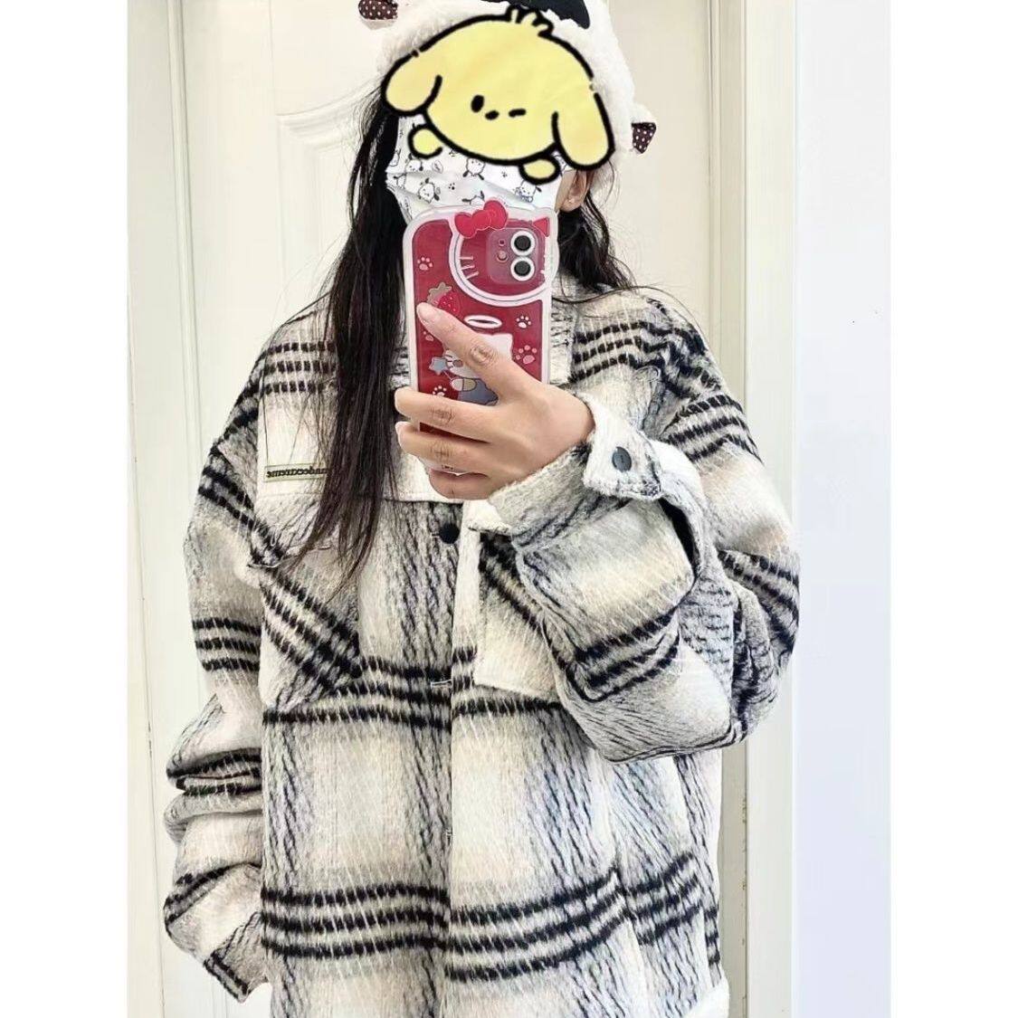 欢简韵韩版小香风格子毛呢外套女秋冬宽松慵懒感文艺森系开衫上衣