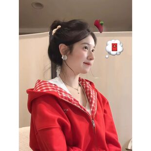 欢简韵美式复古连帽卫衣女春夏新款外套红色重磅帽衫宽松拉链上衣