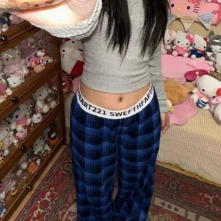 复古格子阔腿休闲裤女