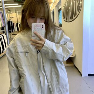 欢简韵美式cityboy外套女春秋新款立领拉链开衫宽松夹克运动上衣