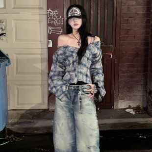 欢简韵高级感一字肩格子衬衫女春夏新款vintage设计感小众上衣ins