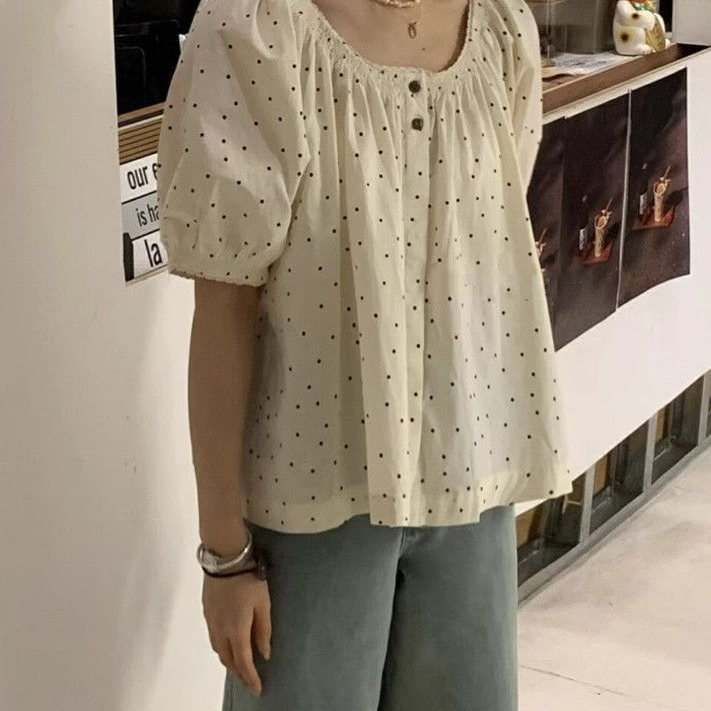韩版设计感圆领蕾丝花边波点衬衫