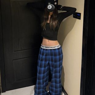 欢简韵美式街头复古格纹拼接休闲裤女2025春显瘦宽松垂感阔腿裤子