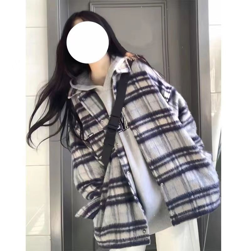 复古百搭polo领无帽格纹毛呢夹克