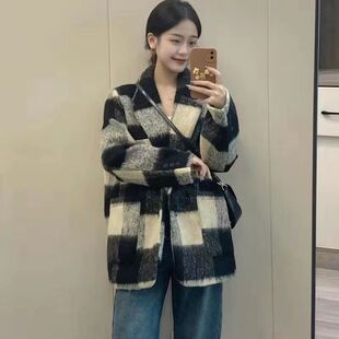 欢简韵毛呢外套女2025年新款格子韩系宽松赫本风呢子大衣ins