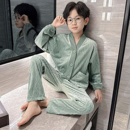 儿童法兰绒睡衣秋冬季洋气男童海岛绒家居服薄绒保暖开衫两件套潮