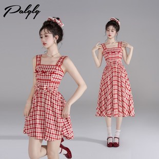 学院风红色格子背带连衣裙女夏季高级感甜美风小个子俏皮绝美裙子