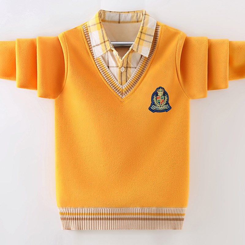 男童卫衣一体绒秋冬款假两件中大童加绒加厚打底衫儿童衬衫领上衣