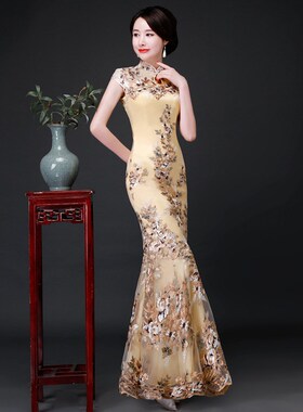 爱鱼尾旗袍24新款改q良复古修身蕾丝中式礼服年会黄色走秀演出服