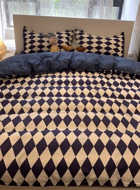 时尚简约风潮流蓝色n菱形格床单四件套新款学生宿舍床上被套三件