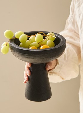 如是/侘寂风黑色高脚小果盘复古做旧干果盘实木托盘木质果盘摆件