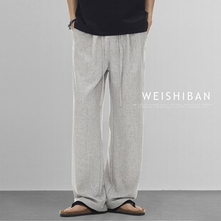 夏季老钱风亚麻裤男高端薄款透气棉麻阔腿裤宽松垂感直筒休闲长裤