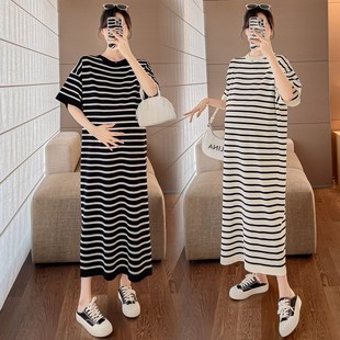 大码孕妇连衣裙夏季短袖T恤长裙时尚宽松气质显瘦条纹裙过膝200斤