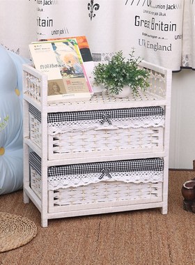 两抽白色藤编收纳柜抽屉式田园欧式现代简约木卧室儿童宝宝床头柜