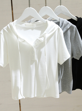 白色连帽短袖t恤女短款20u22夏季新款修身显瘦百搭洋气半袖上衣潮
