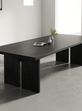 黑色简约实木大板桌会议桌创意工业风长条办公桌工作台原木茶台桌