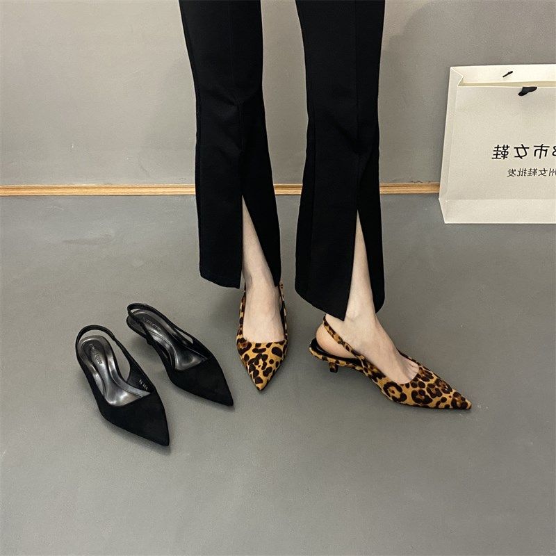 2024春夏季新款豹p纹尖头漆皮细跟中跟包头凉鞋高跟浅口单鞋女鞋