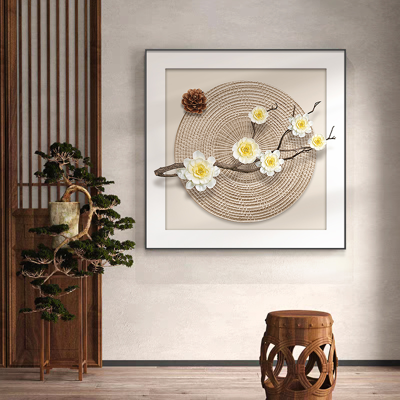 新中式客厅沙发背景墙装饰画正方形D立体花卉茶室挂画工艺玄关壁图片
