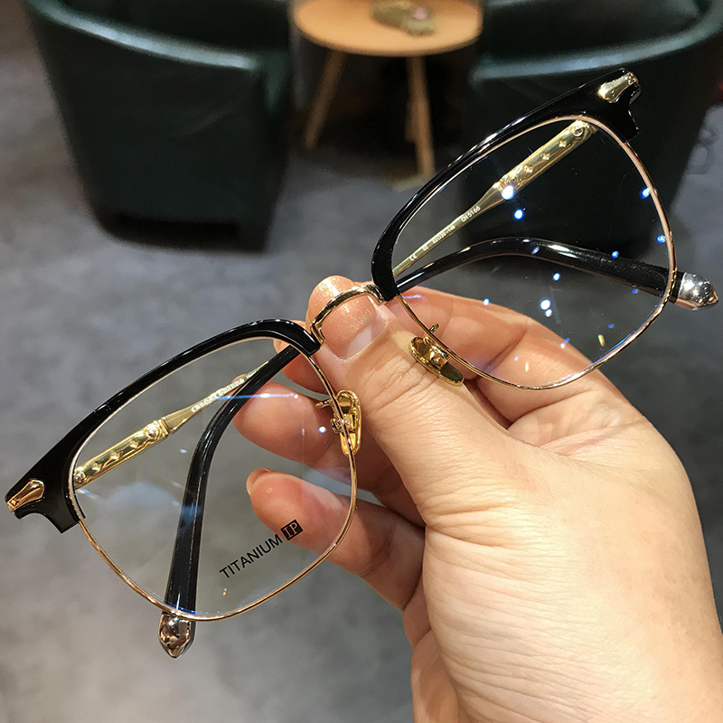 简丹剋萝心潮百搭近视眼镜男纯钛半框大脸眼镜架配度数超轻眼镜框