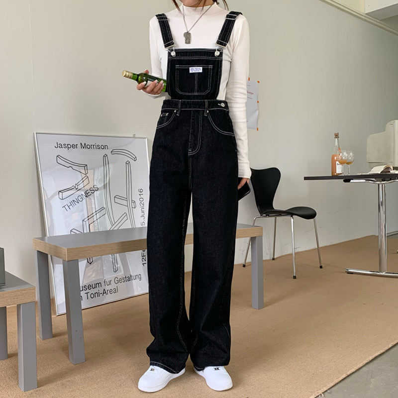 大码胖妹妹直筒宽松牛仔背带裤女秋冬新款显瘦高腰连体阔腿长裤子