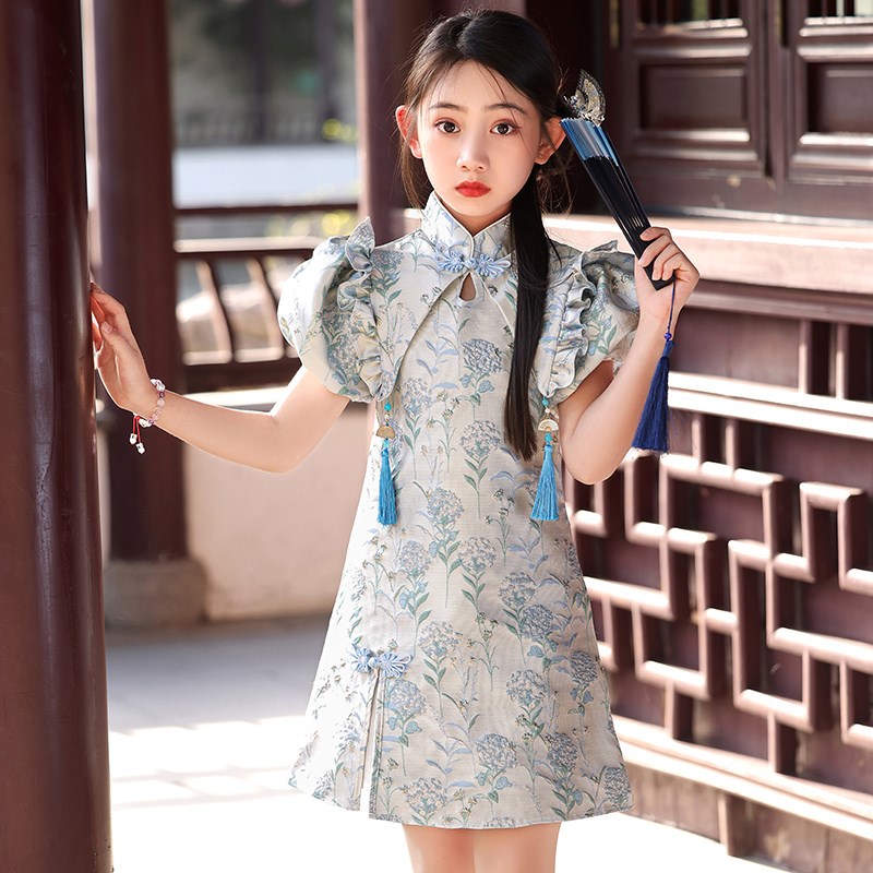 女童旗袍走秀礼服夏季儿童国风洋气裙子小女孩中式公主连衣裙绿色图片
