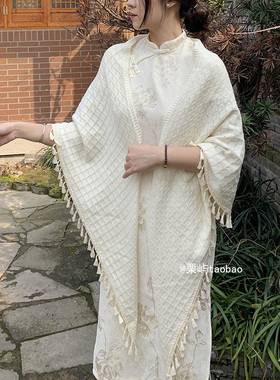 夏季薄款复古旗袍披肩女小外套外搭婚礼礼服宴会晚宴春秋米白开衫