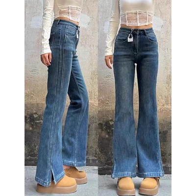 开叉微喇牛仔裤女春季新款胖妹妹mm梨型身材显瘦高腰不贴腿喇叭裤