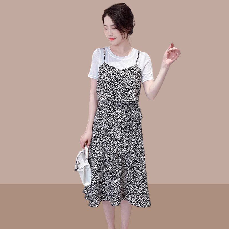 碎花吊带假两件连衣裙女士2025夏季新款收腰显瘦气质背带雪纺裙子