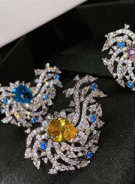 高级定制珠宝设计款几何线条微镶满钻戒指 水滴形粉钻订婚戒指女