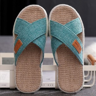 女夏天室内情侣防滑防臭盆底鞋 简约时尚 亚麻M布男居家用牛筋底拖