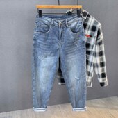 男士 夏季 薄款 冰氧吧质感水洗潮牌破洞牛仔裤 宽松直筒休闲九分裤 子