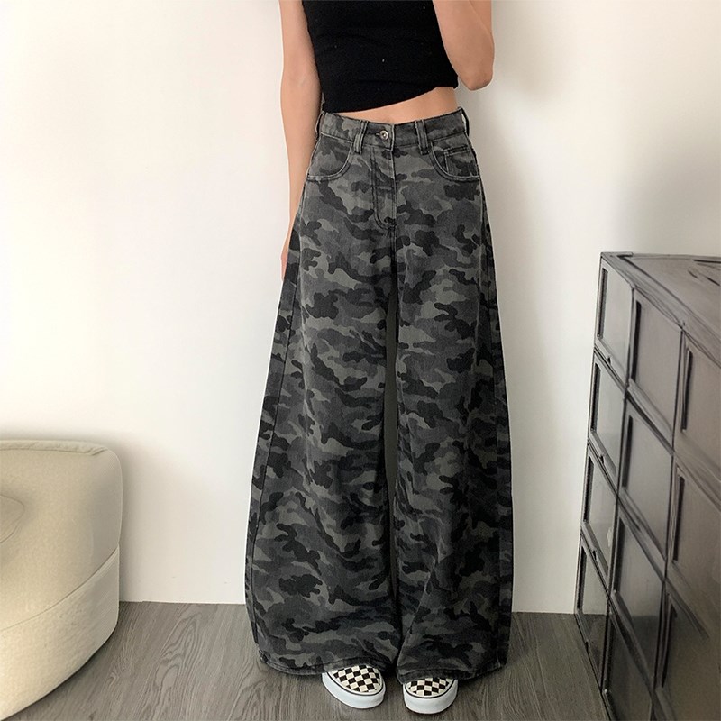 300斤大码美式辣妹牛仔裤女胖mm设计感迷彩工装裤宽松显瘦阔腿裤