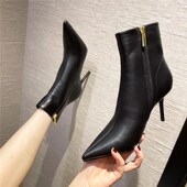 短靴女2024年春夏季 高跟靴细 靴网红法W式 百搭新款 侧拉链尖头时装