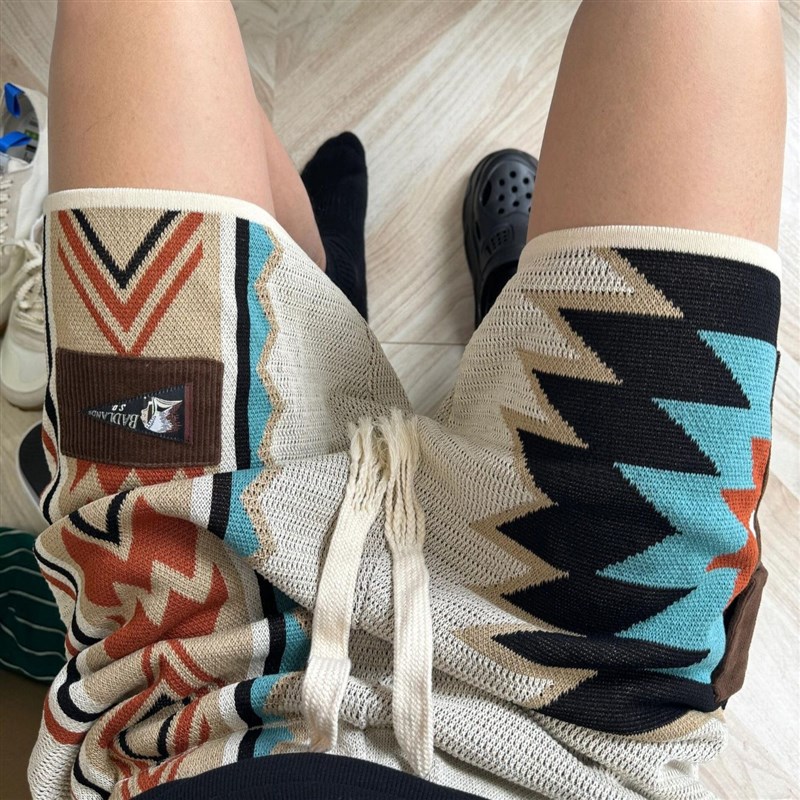 美式复古纳瓦霍针织刺绣短裤民族风宽松海边沙滩五分裤男女情侣夏