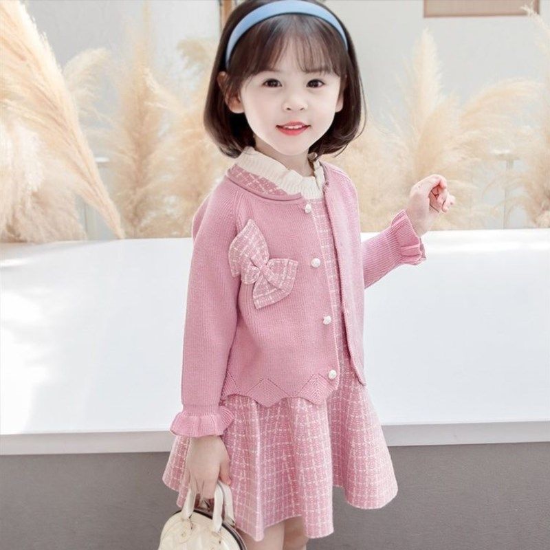 女童开衫两件套毛衣裙春装2024新款小女孩毛衣套装儿童春款连衣裙图片