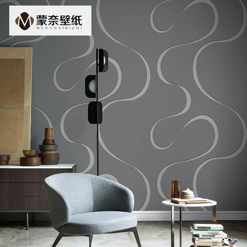 现代简约深色灰色黑色波浪纹墙纸客厅卧室电视沙发背景墙壁纸轻奢
