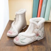 新款 民族风古风靴皂靴国风短靴明制古装 冬季 汉服靴女l加绒绣花鞋