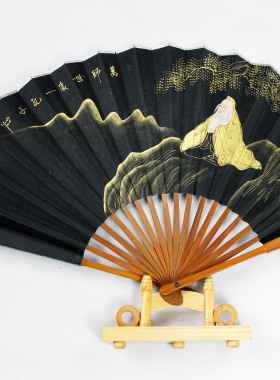 头青手绘金粉画多骨真丝黑绢扇 手绘真丝折扇 真丝工艺男扇子